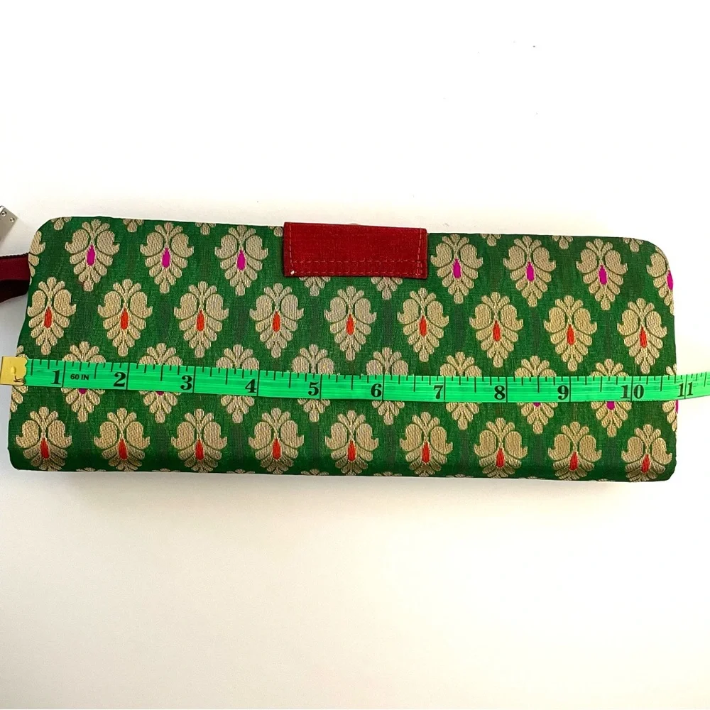 Clutch Bag with Zipper and Magnetic Button Closure Green Red Gold